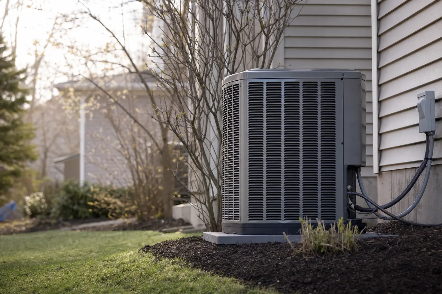 An outdoor air conditioning unit beside a home in early spring