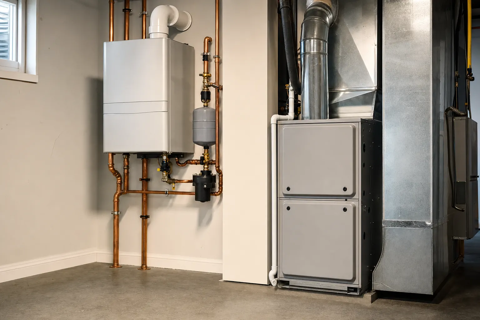 A wall-hung boiler and a gas furnace shown side by side in a basement