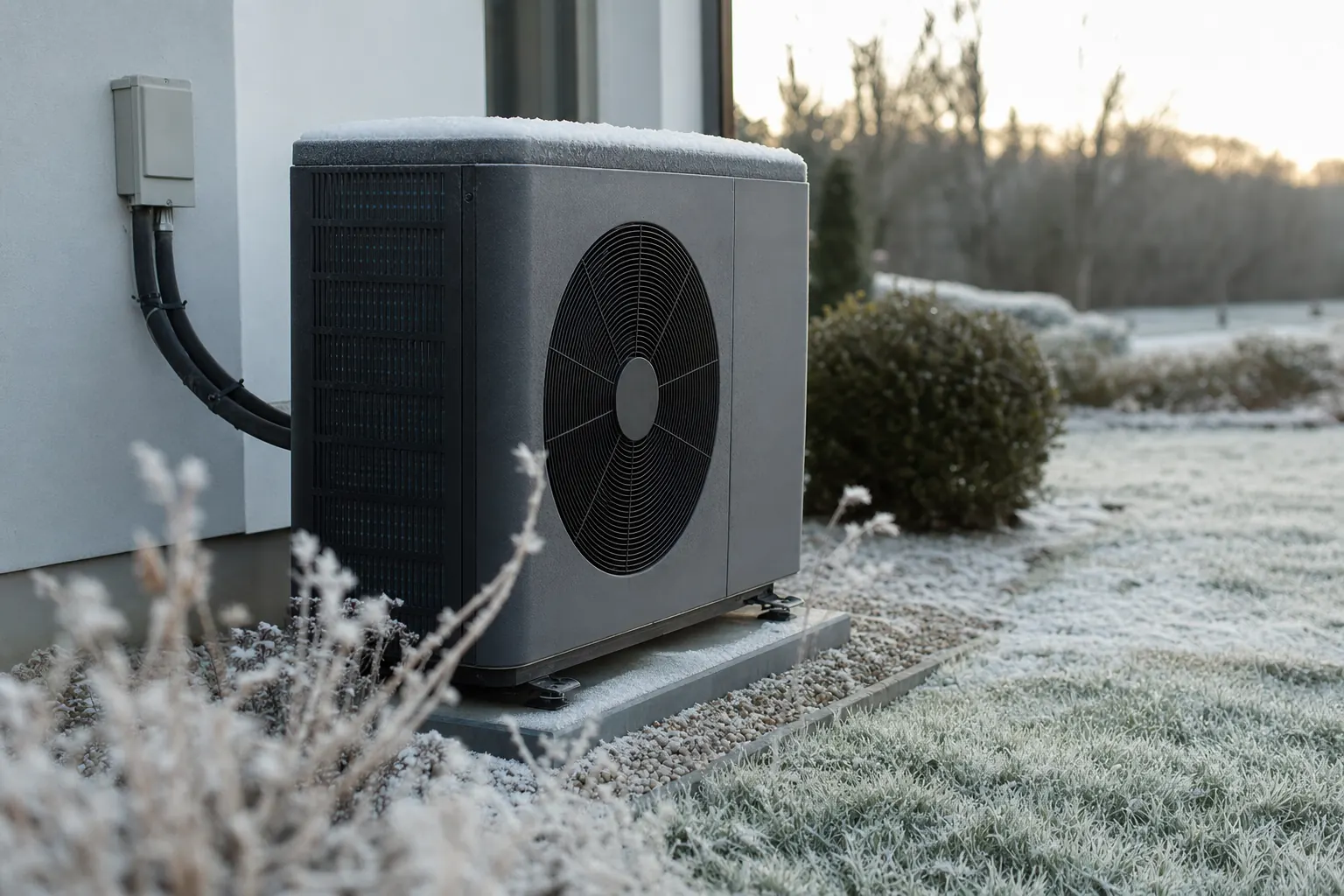 A heat pump operating outdoors in snowy winter conditions