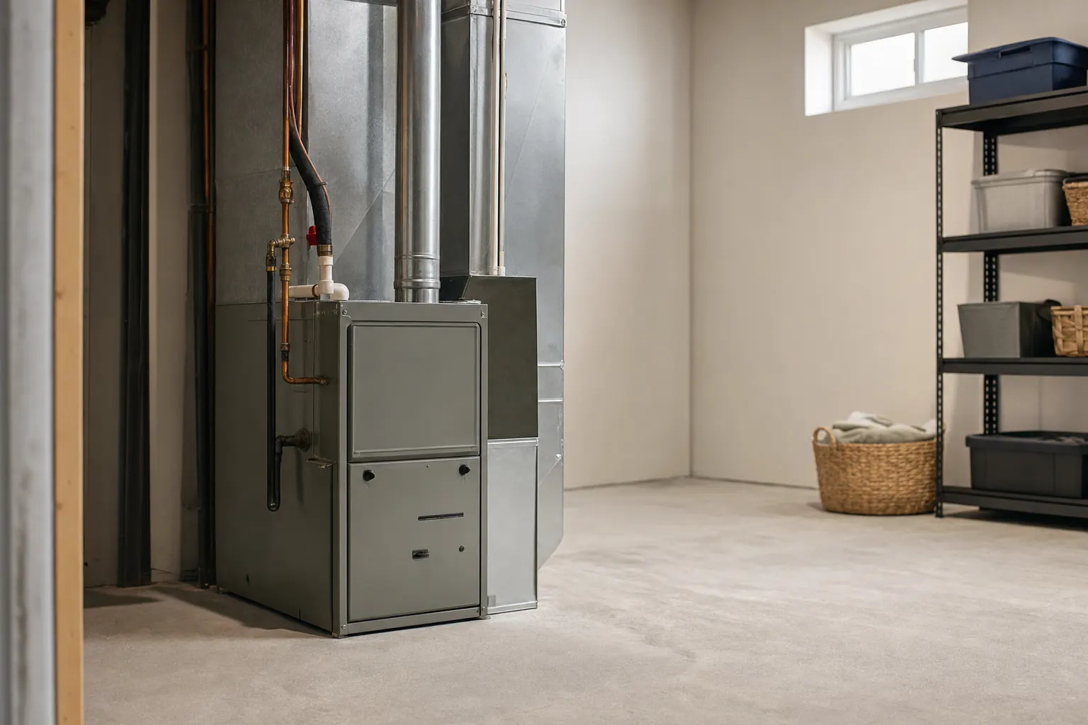 A gas furnace and its flue pipe in a clean utility room