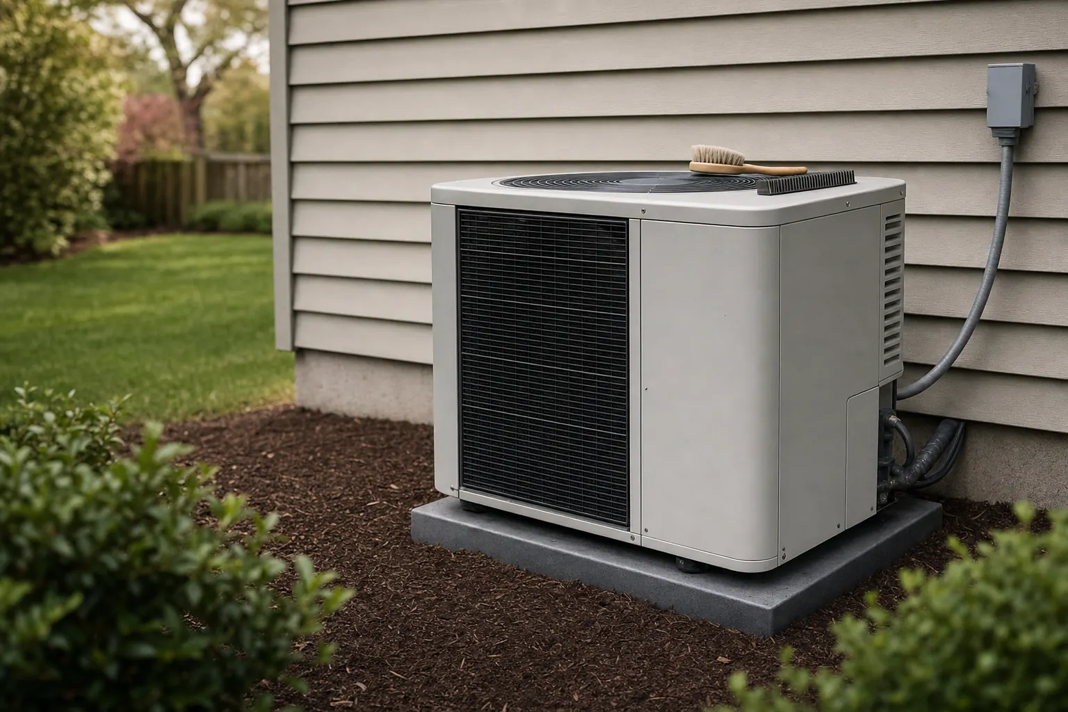 Maintenance tools resting on a clean outdoor heat pump