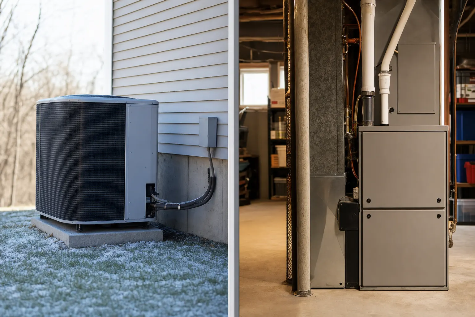 An outdoor heat pump and a gas furnace shown side by side