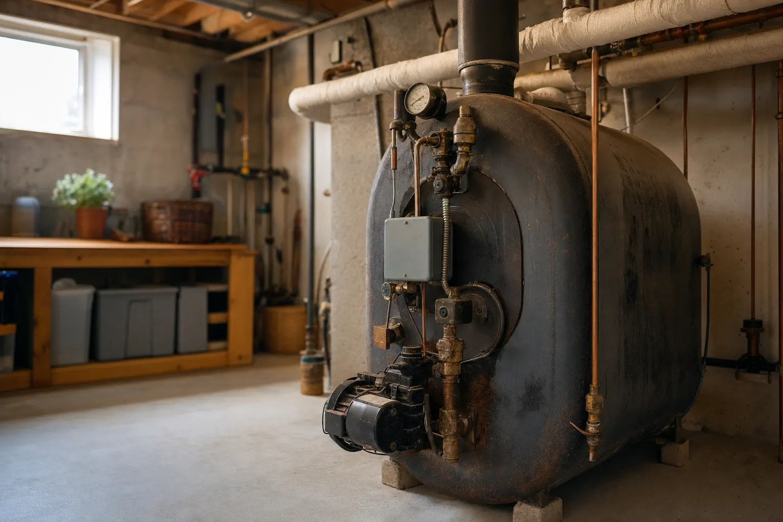 An older cast-iron boiler in a home basement