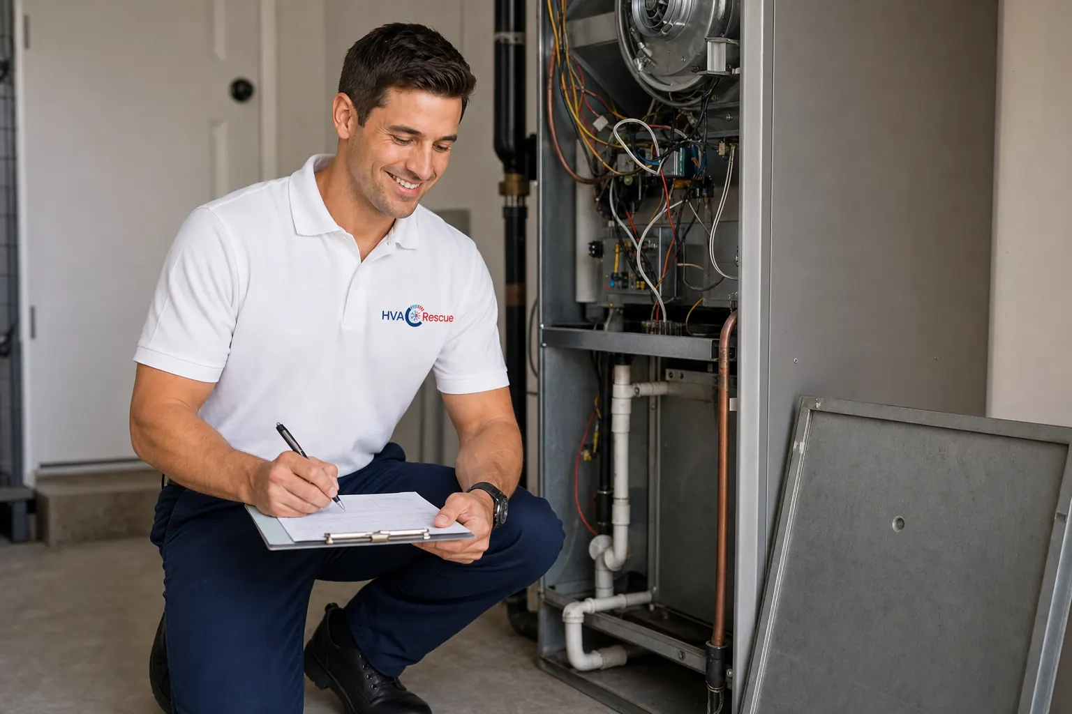 An HVAC technician performing a scheduled maintenance check on an air handler