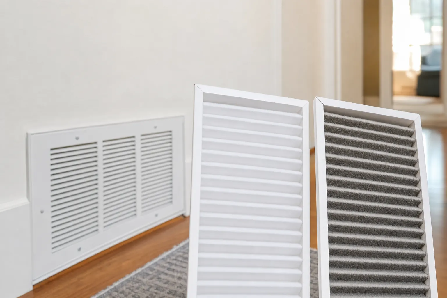 A clean pleated air filter beside a dirty used one