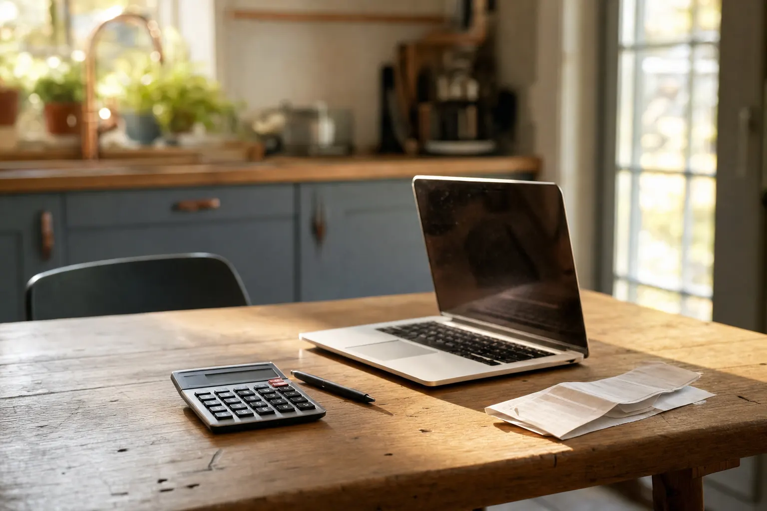 A calculator and paperwork on a kitchen table for planning an HVAC purchase