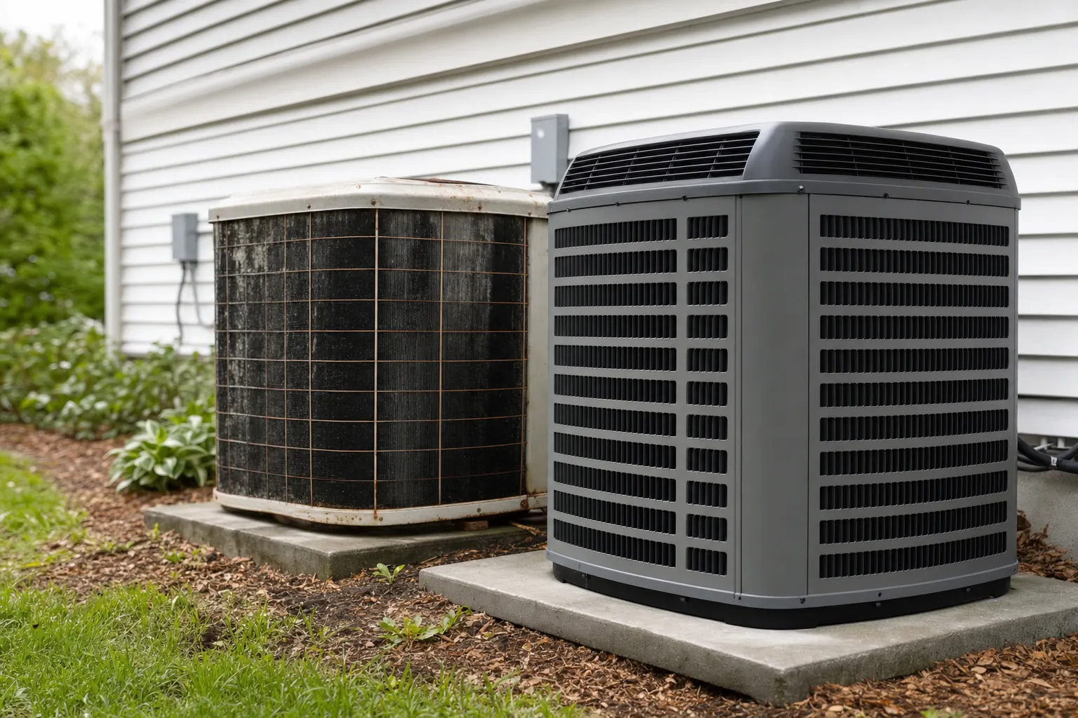 An aging air conditioner beside a new replacement unit outside a home