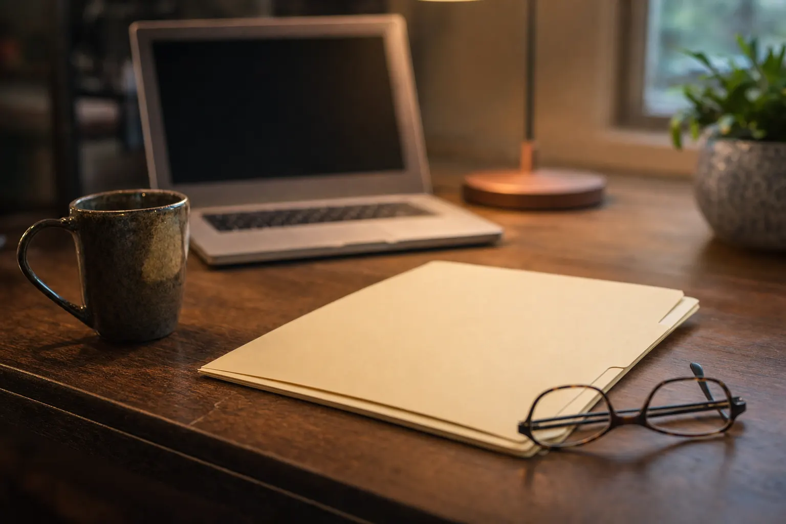A document folder and reading glasses on a desk