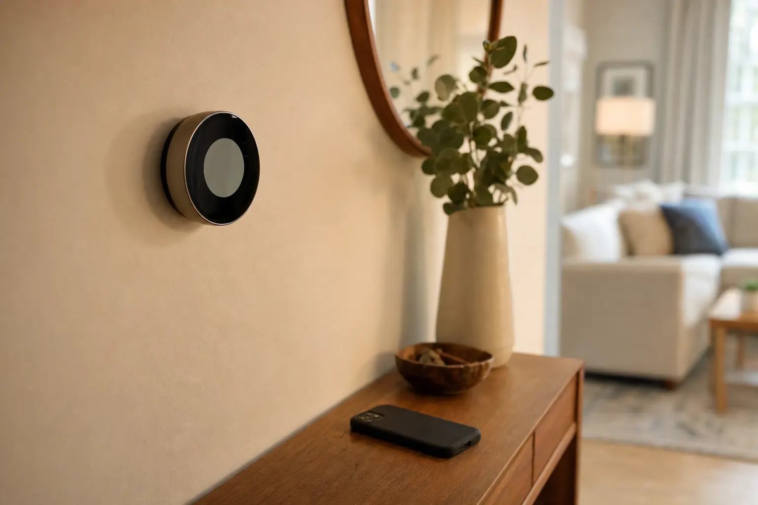 A smart thermostat on a hallway wall beside a phone