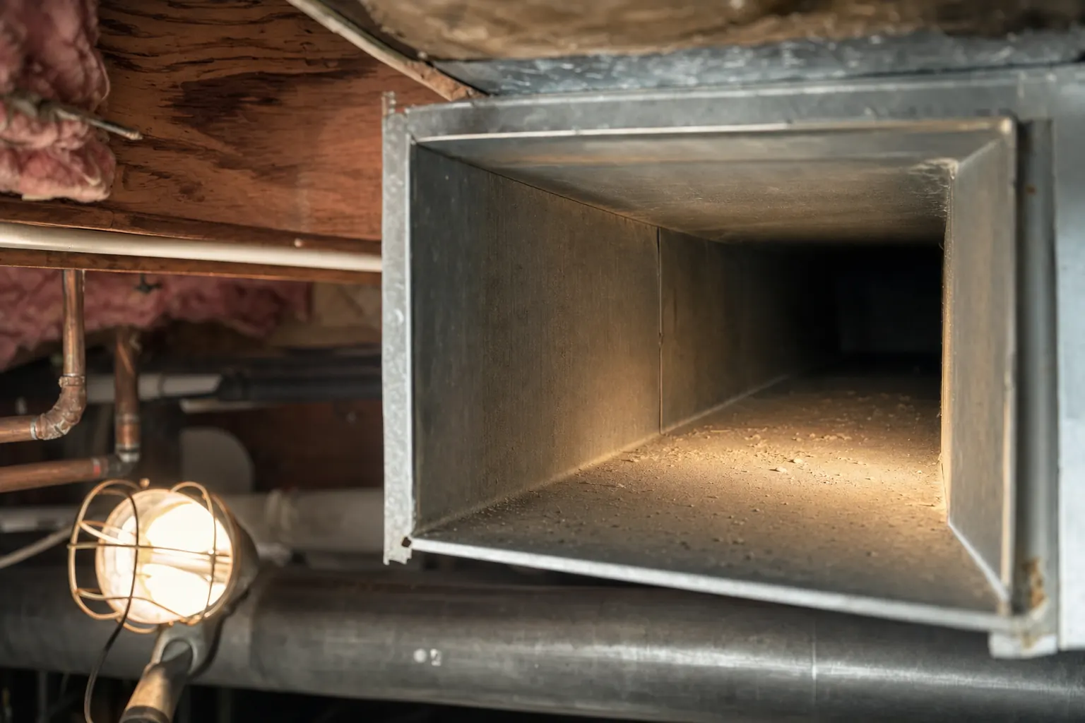 The inside of a home air duct lit by a work light