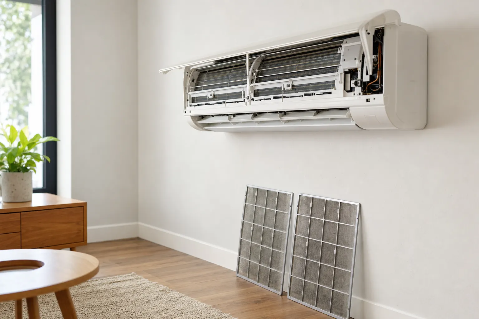 A ductless mini-split opened with its washable filters removed