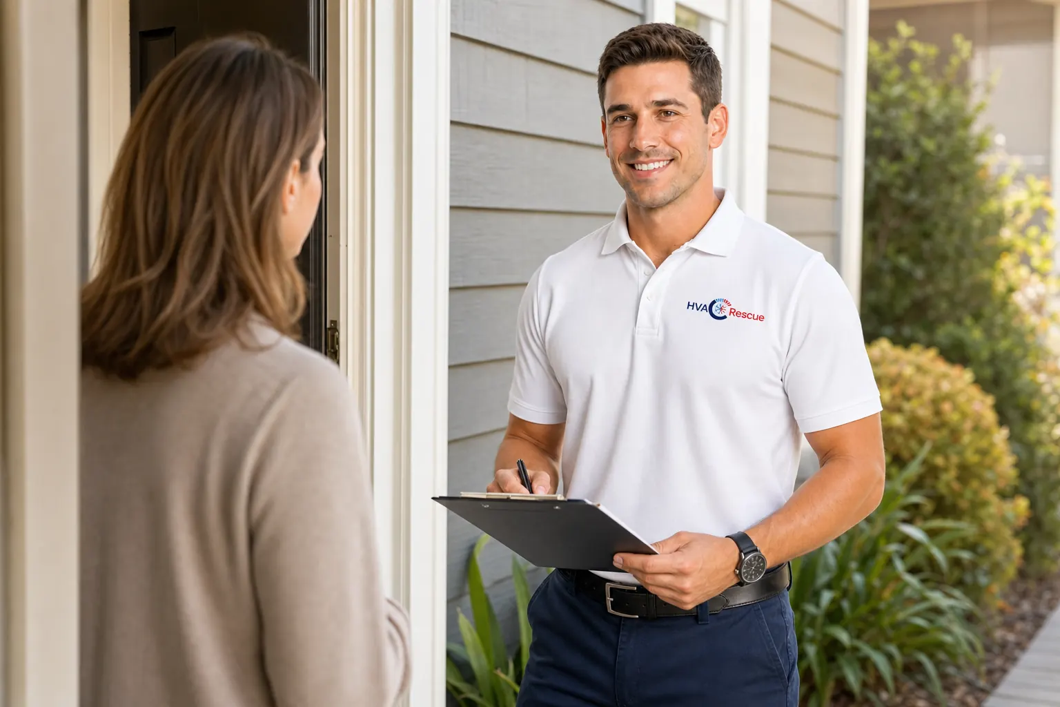 A homeowner talking with an HVAC technician at their front door