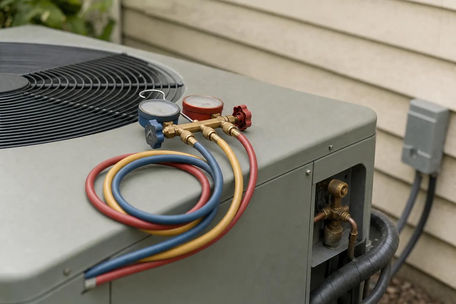 Refrigeration manifold gauges resting on an outdoor air conditioning unit