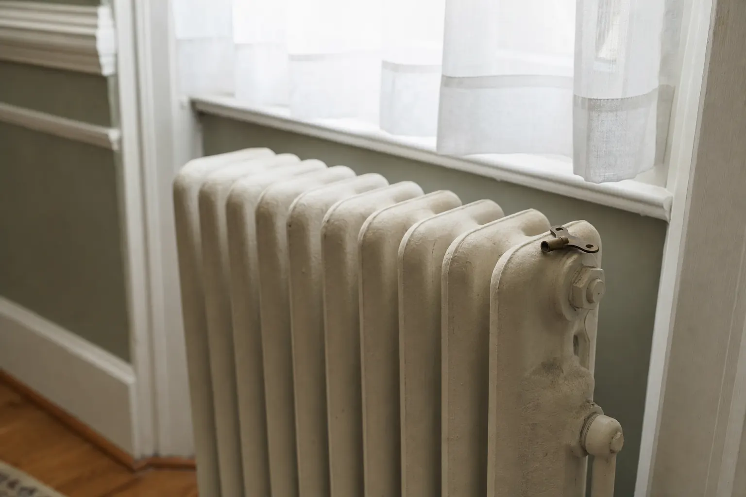 A cast-iron radiator with a bleed key resting on top