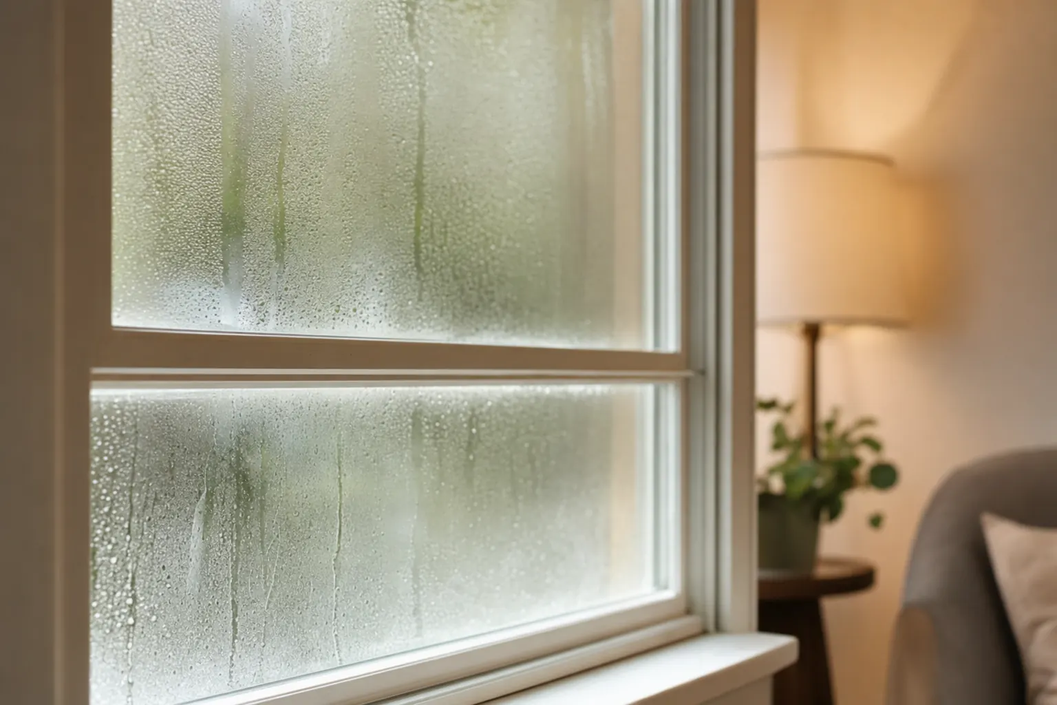 Condensation on the inside of a window from high indoor humidity