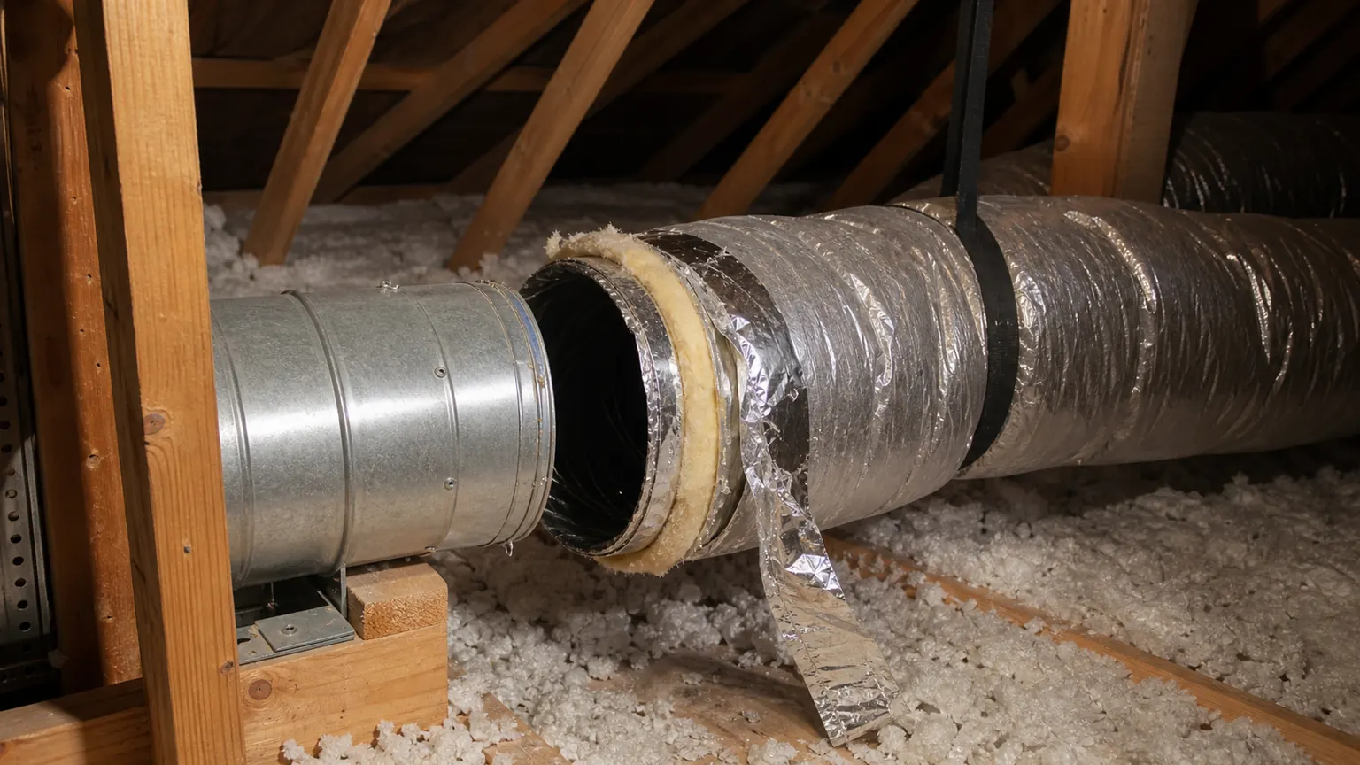 A disconnected duct joint leaking air in an attic
