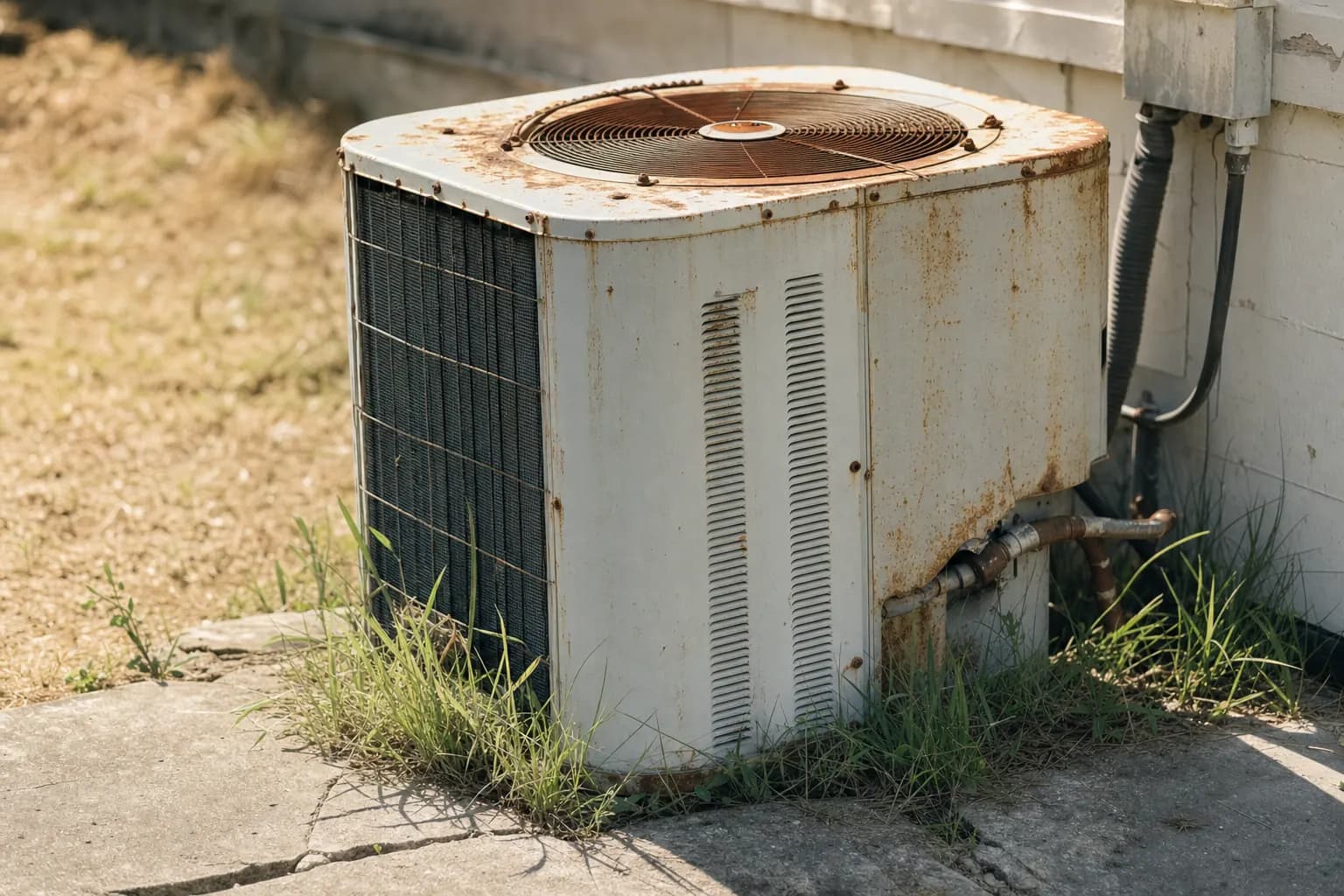 An old rusted air conditioning unit at the end of its service life