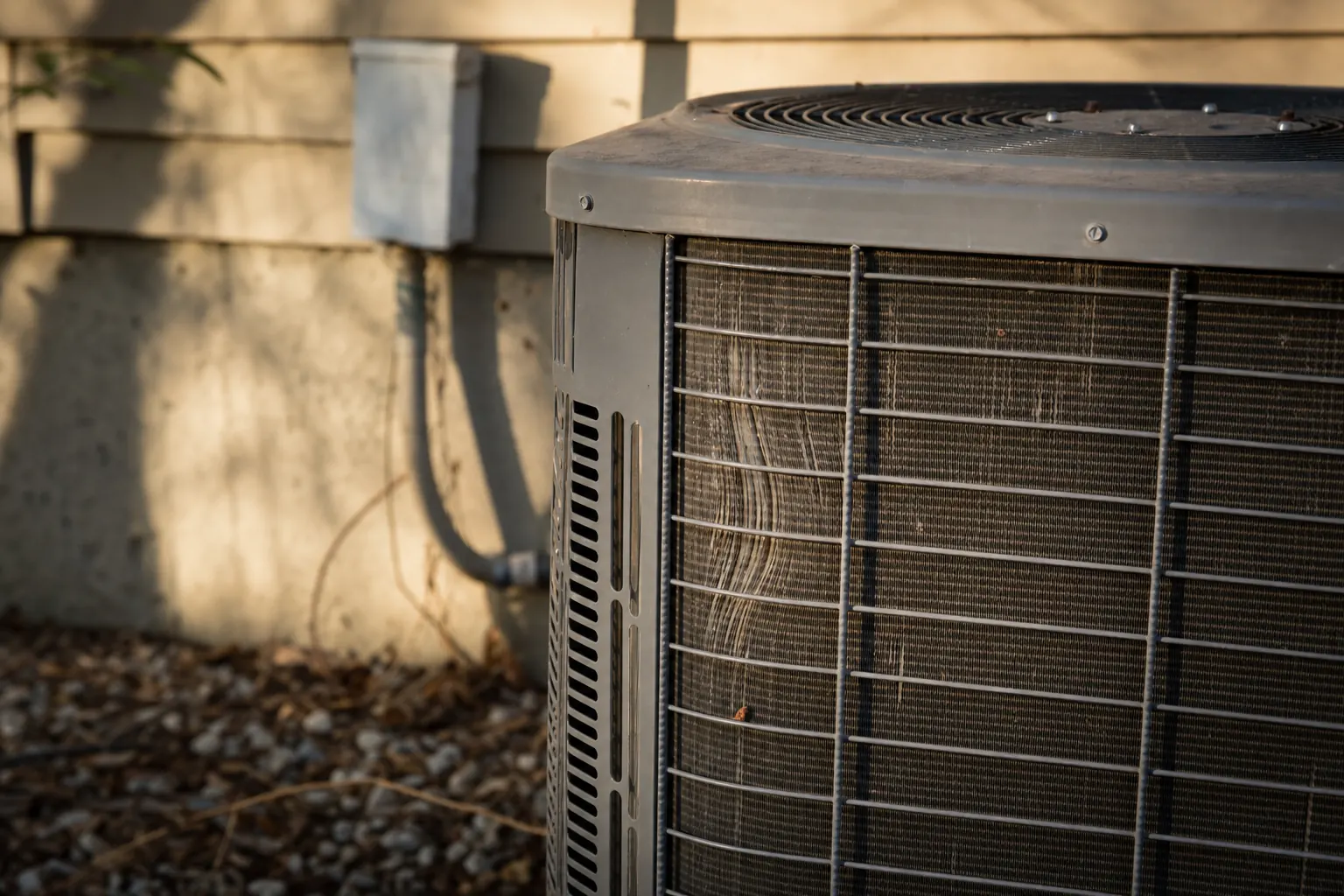 Close-up of a worn air conditioner condenser with bent fins