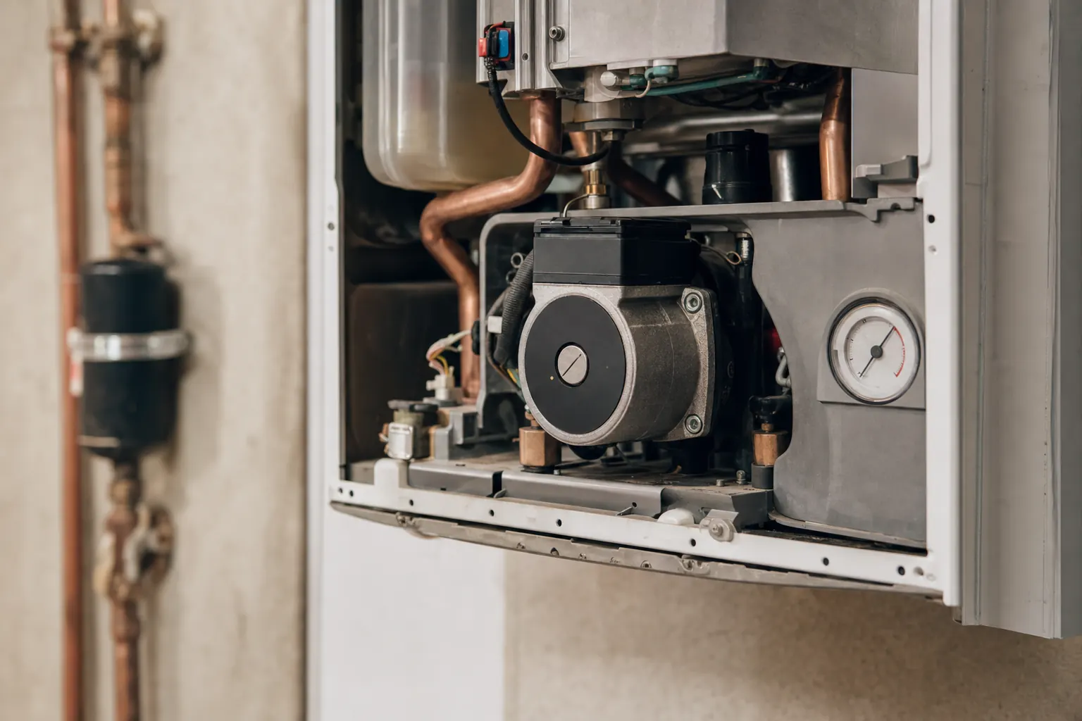The pressure gauge and pump inside an opened residential boiler