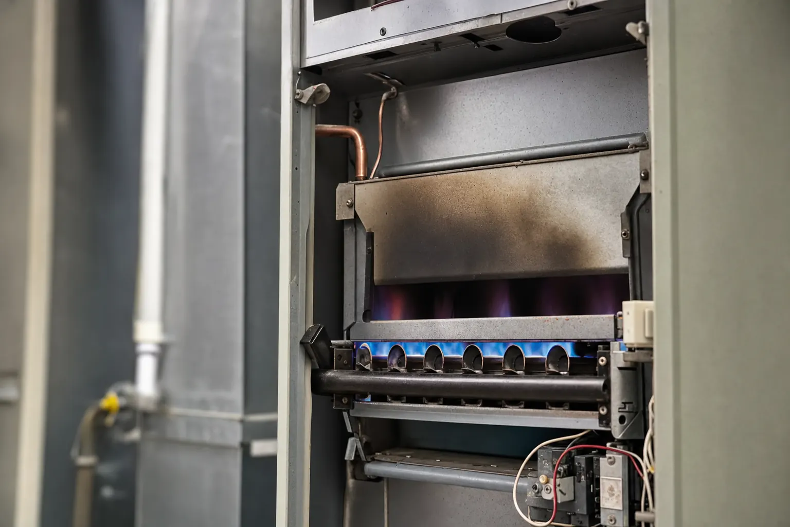 The burner compartment inside a residential gas furnace