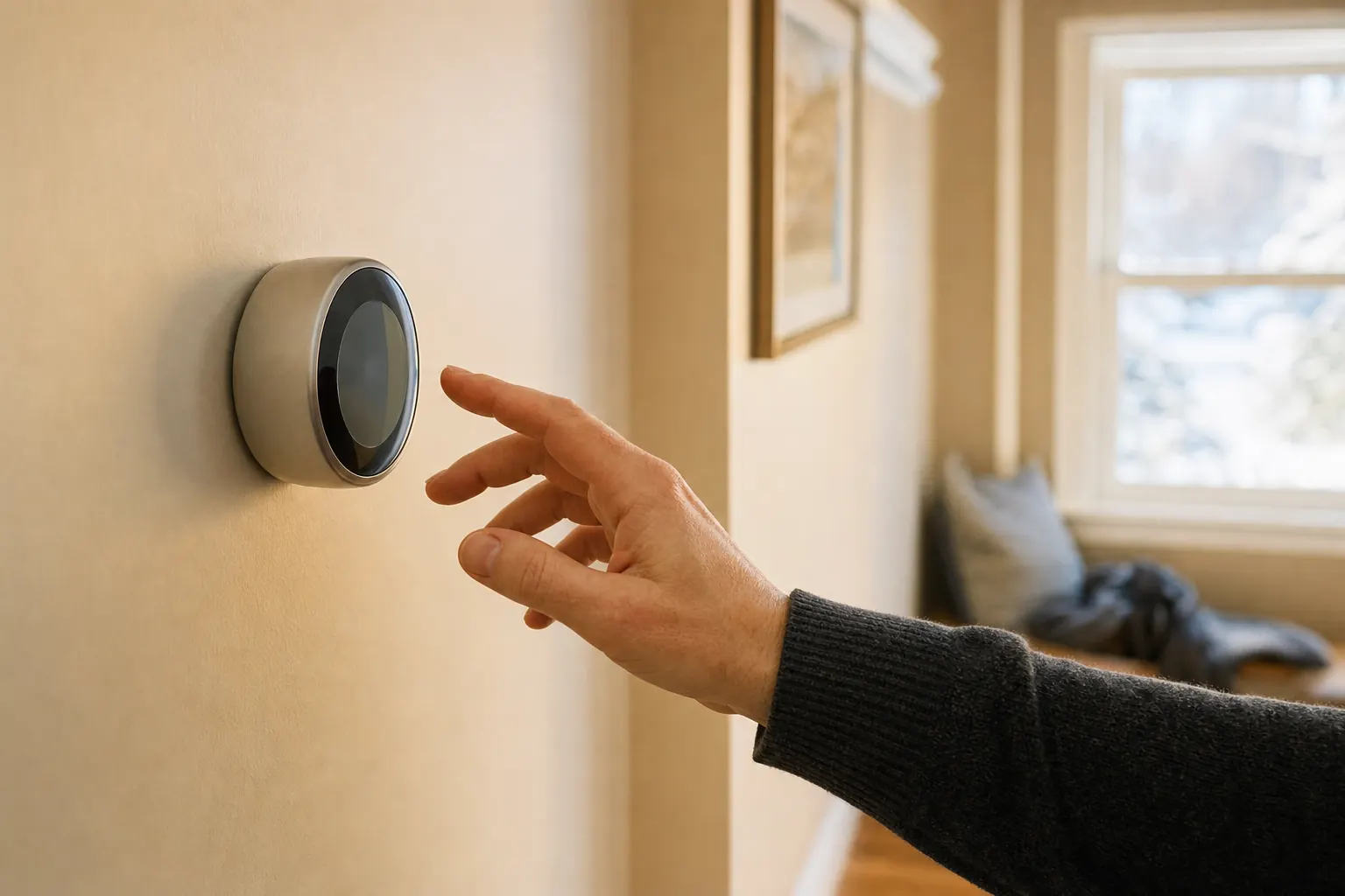 A homeowner reaching for a thermostat during cold weather