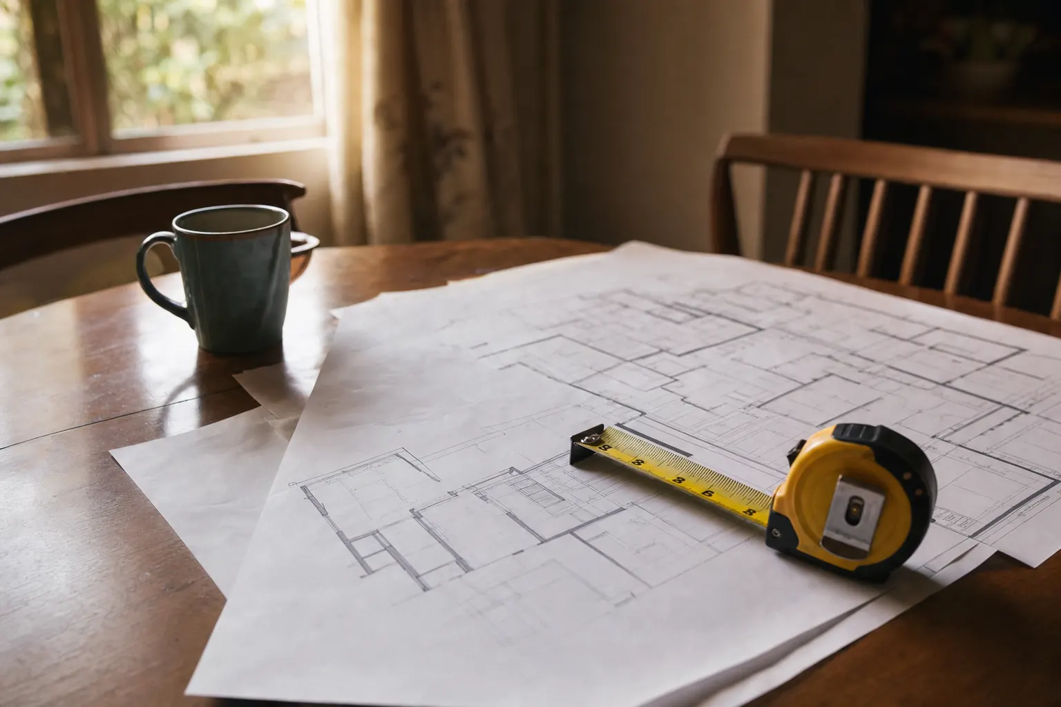 Floor plans and a tape measure on a table for sizing a heating and cooling system