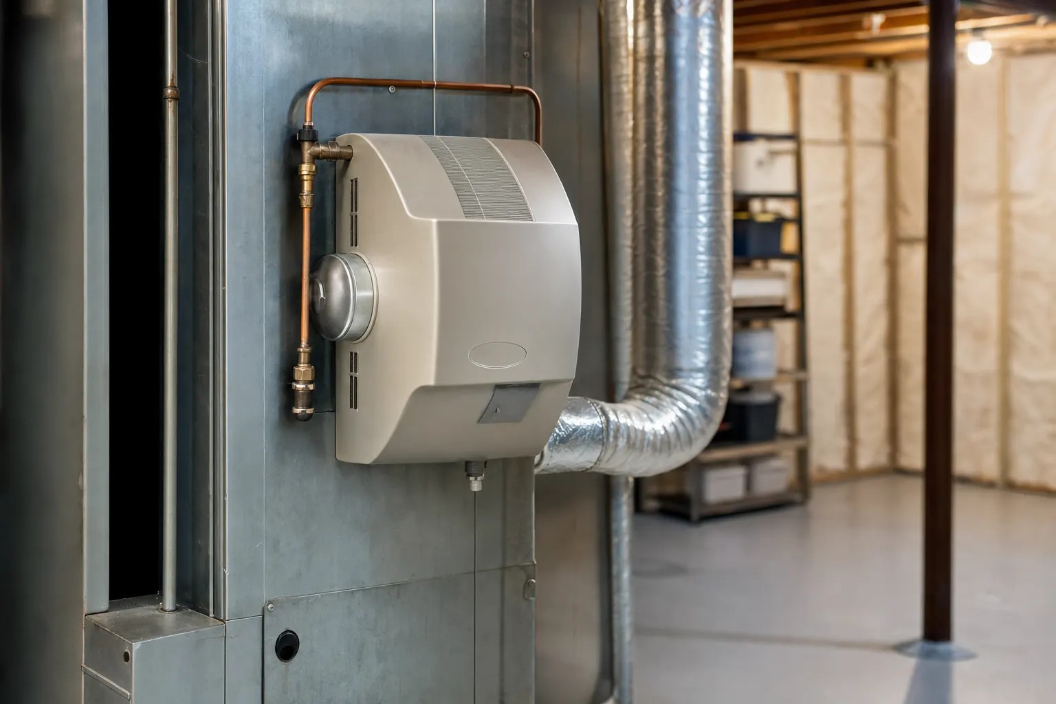 A whole-home bypass humidifier installed on furnace ductwork