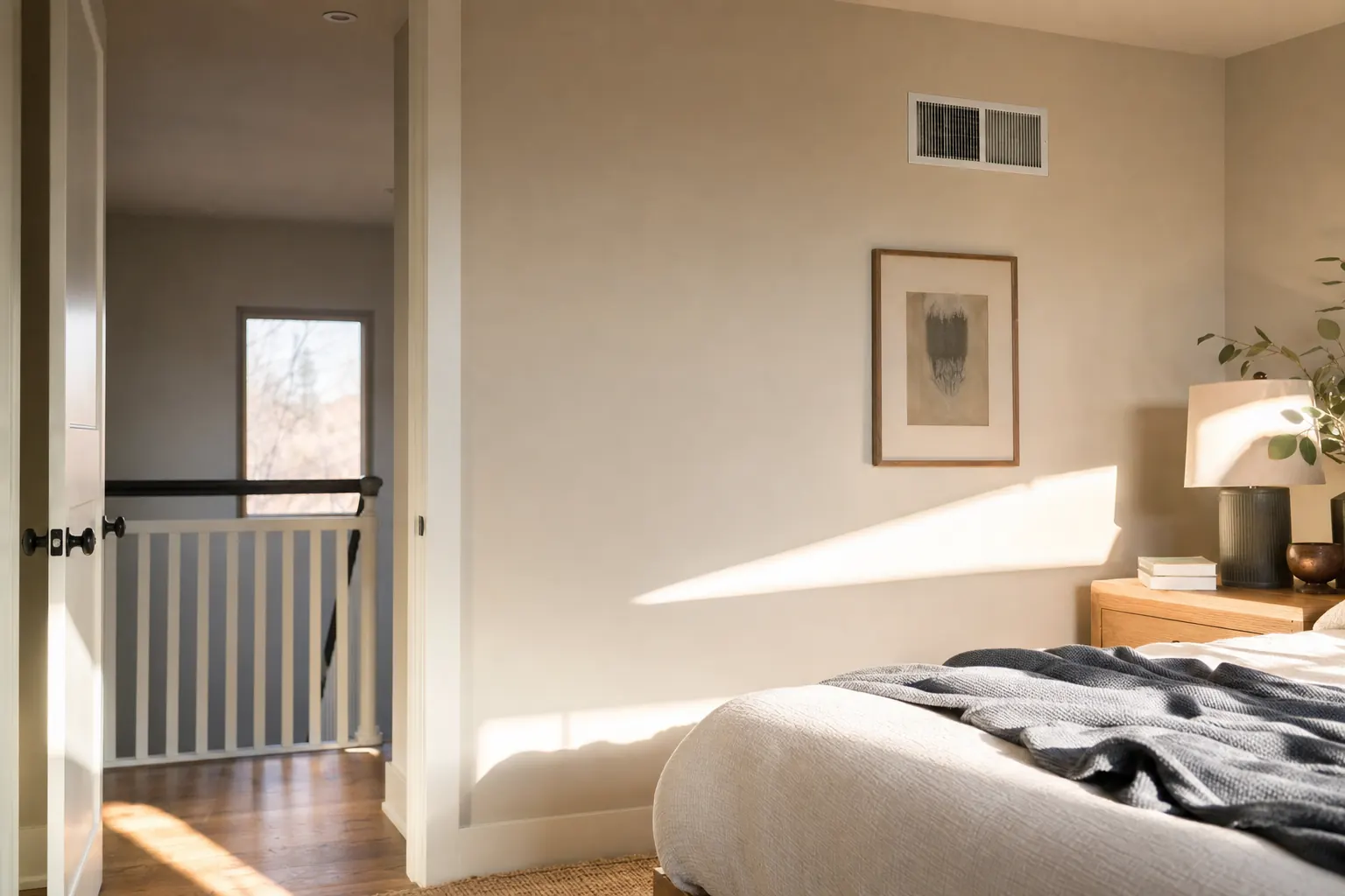A sunlit upstairs bedroom with a single ceiling supply register