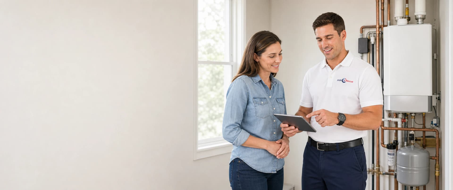 An HVAC technician reviewing a residential boiler inspection with a homeowner