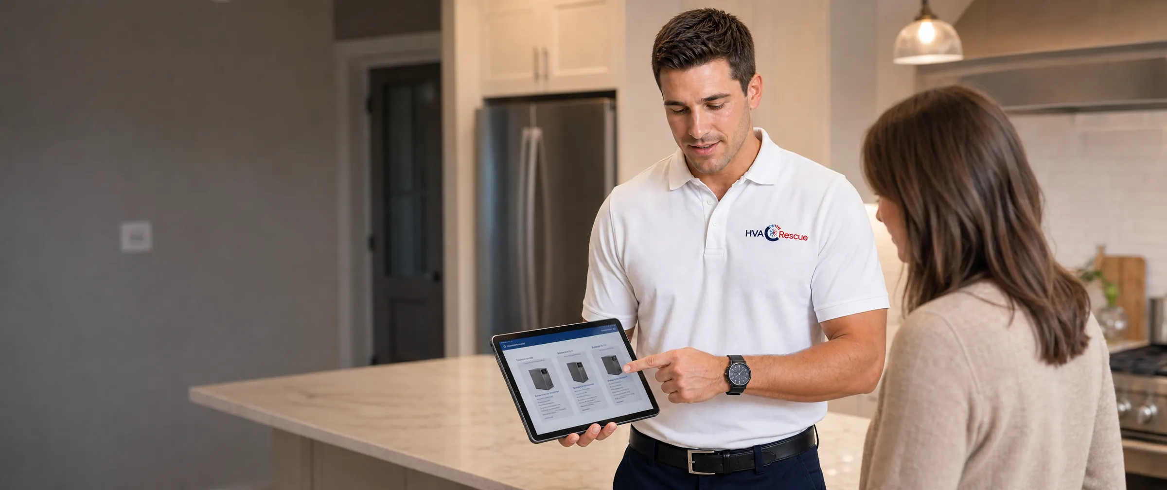 An HVAC technician reviewing system options with a homeowner on a tablet