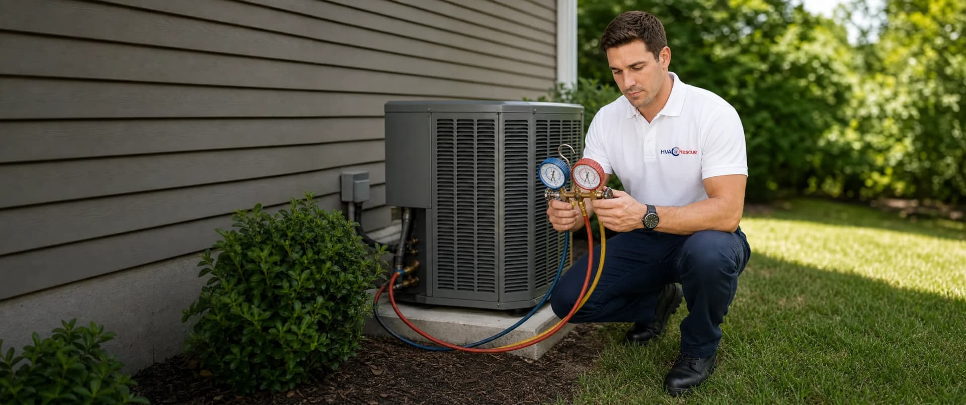 An HVAC technician reading refrigerant manifold gauges at an outdoor air conditioning condenser