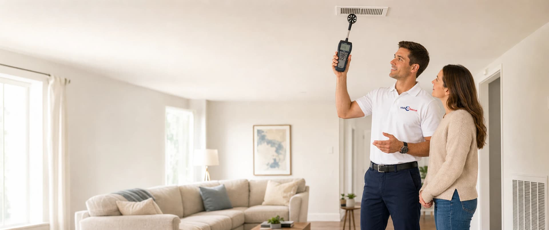 An HVAC technician checking airflow at a ceiling register with a homeowner