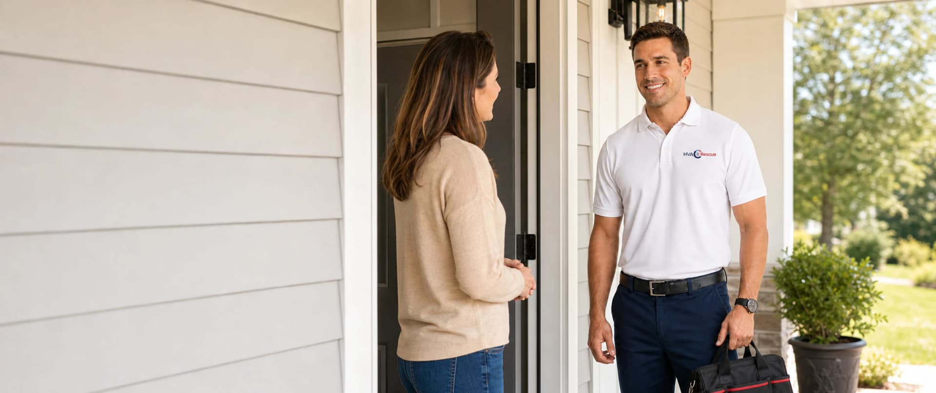 An HVAC technician arriving at a homeowner's front door with a tool bag for an urgent service call