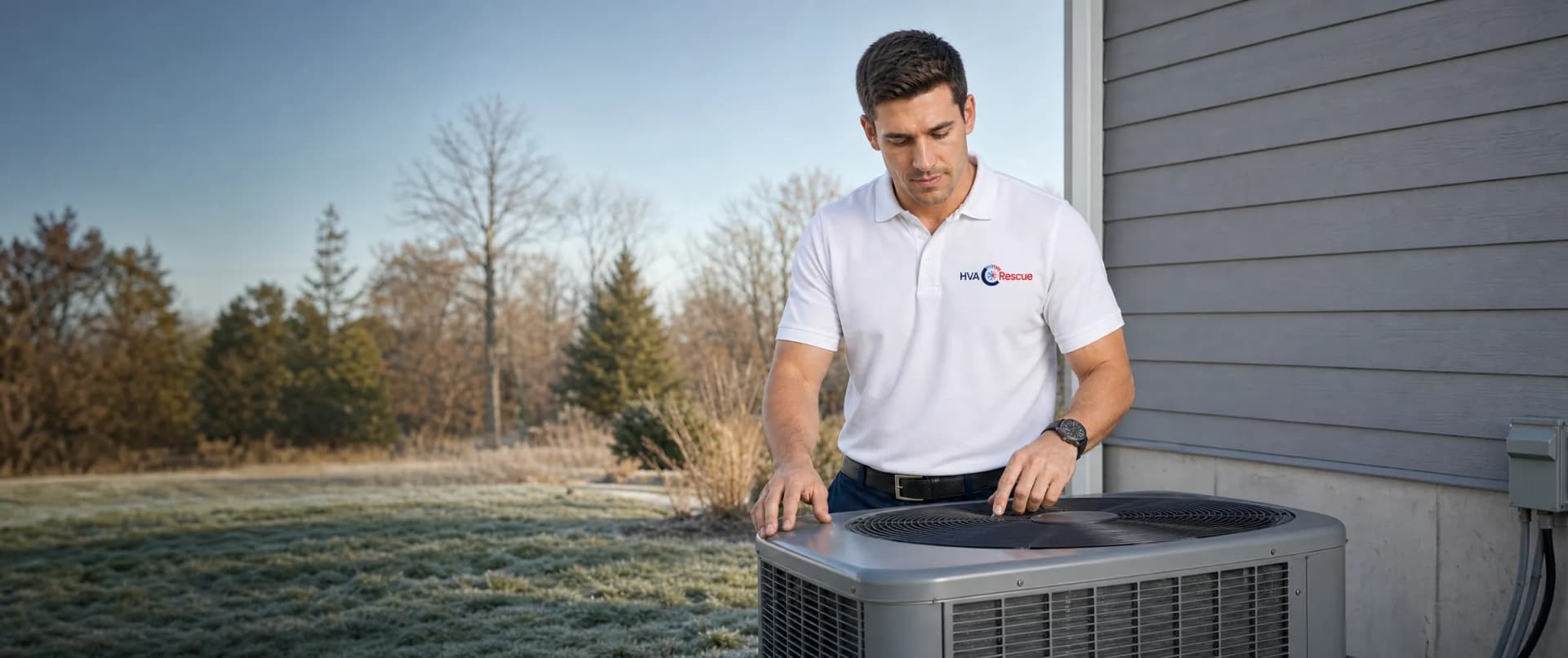 An HVAC technician inspecting an outdoor heat pump unit on a frosty morning