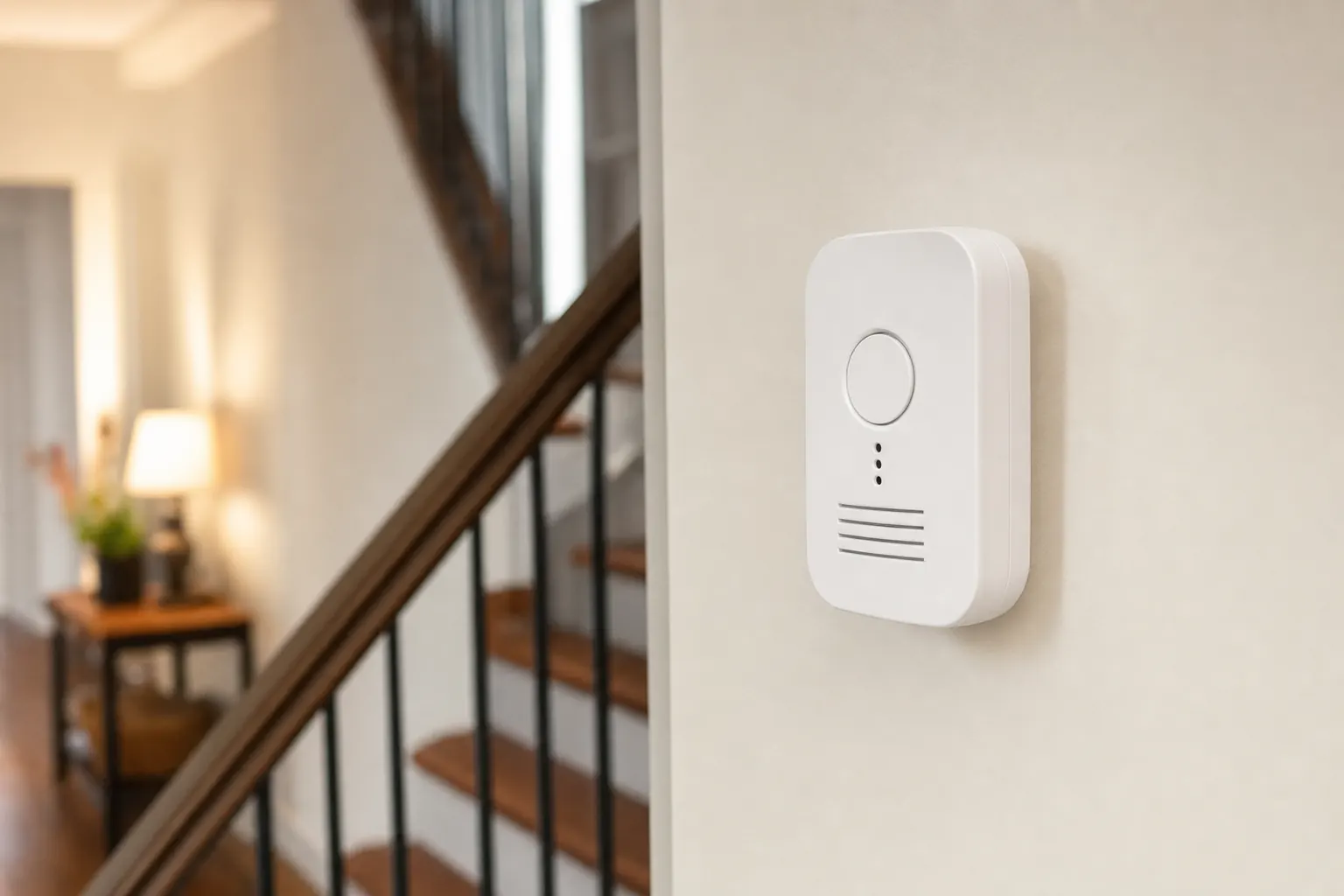 A carbon monoxide detector mounted on a hallway wall
