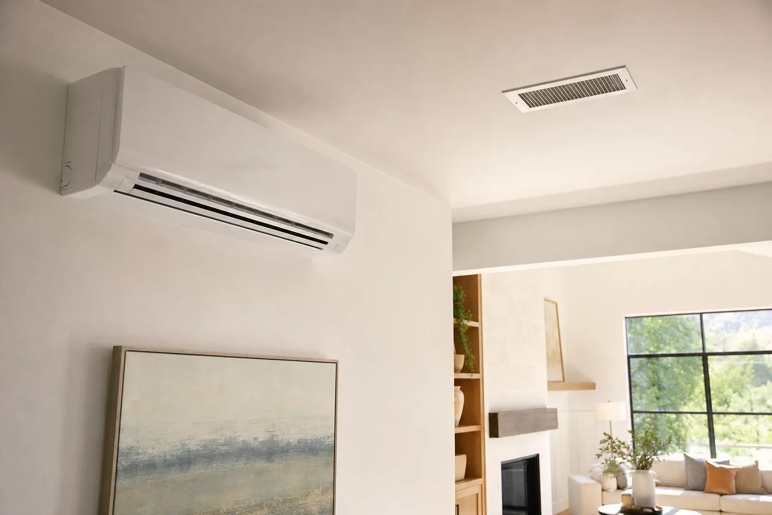A ductless mini-split head and a central air supply register in a living room