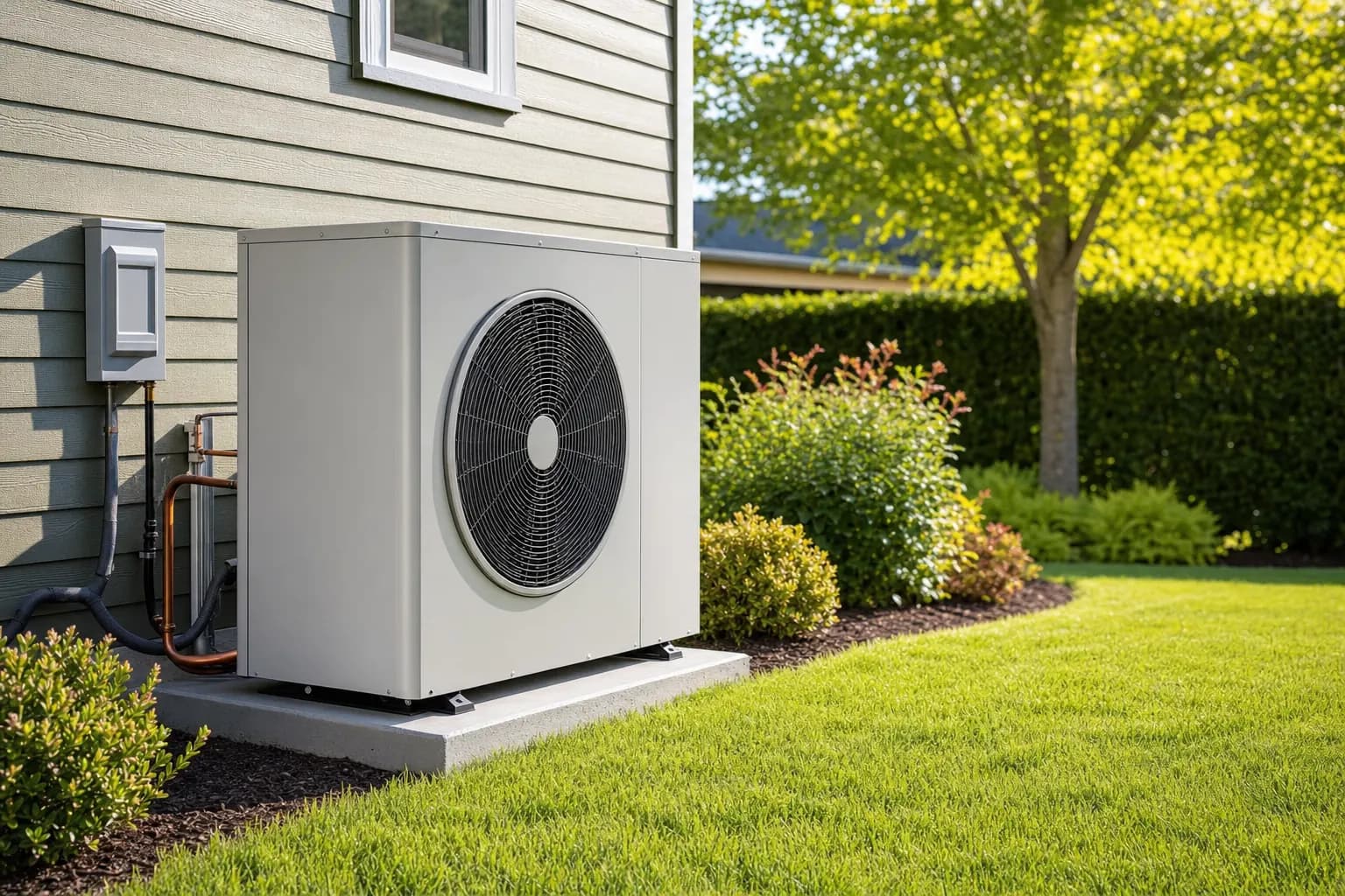 A newly installed heat pump outside a suburban home