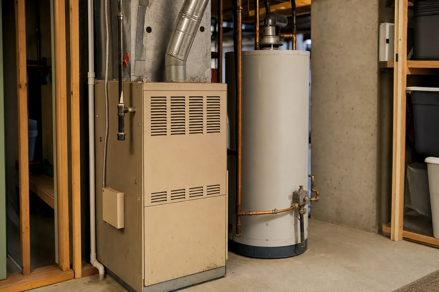 A furnace and water heater in a home mechanical room