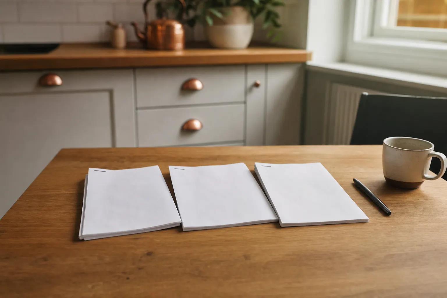 Three printed quotes laid side by side on a kitchen table