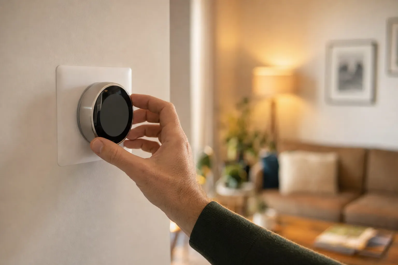 A homeowner adjusting a smart thermostat to save energy