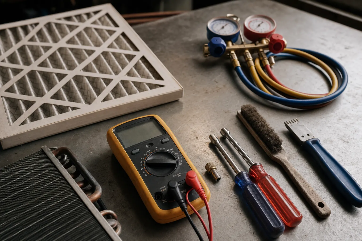 HVAC service tools laid out on a workbench